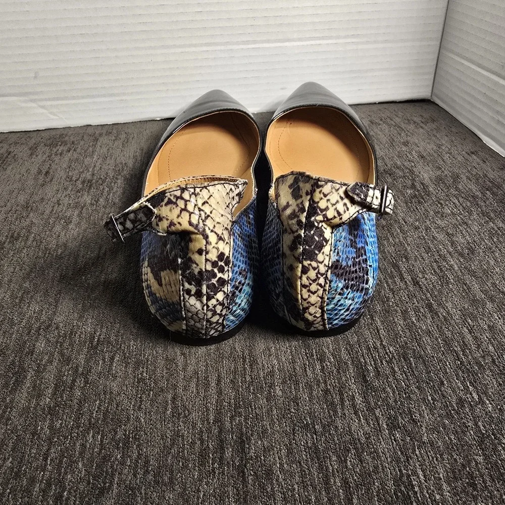 Marco Santi Womens Black Patent Blue Snakeskin Pointed Toe Ankle Strap Flats 6.5